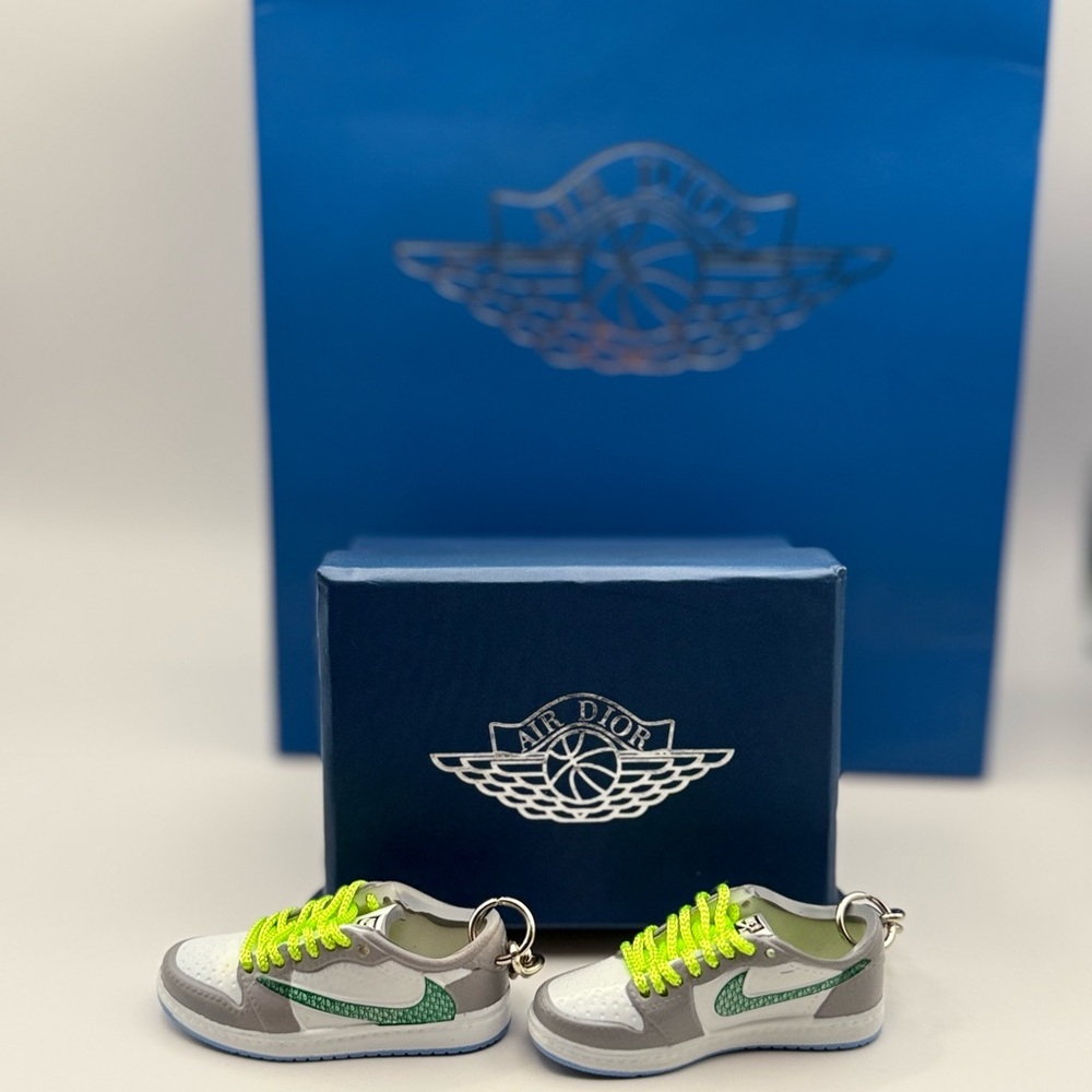 Air Dior Mini Sneaker Keychain with Neon Green Laces